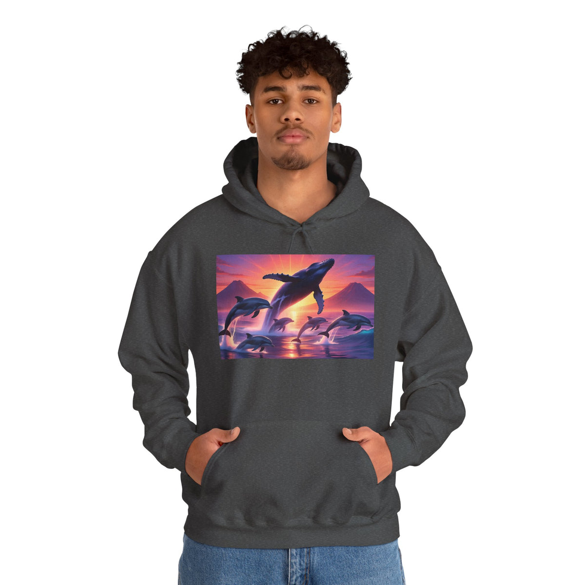 Dolphin Sunset Hoodie — Majestic Jump Ocean Graphic Sweatshirt