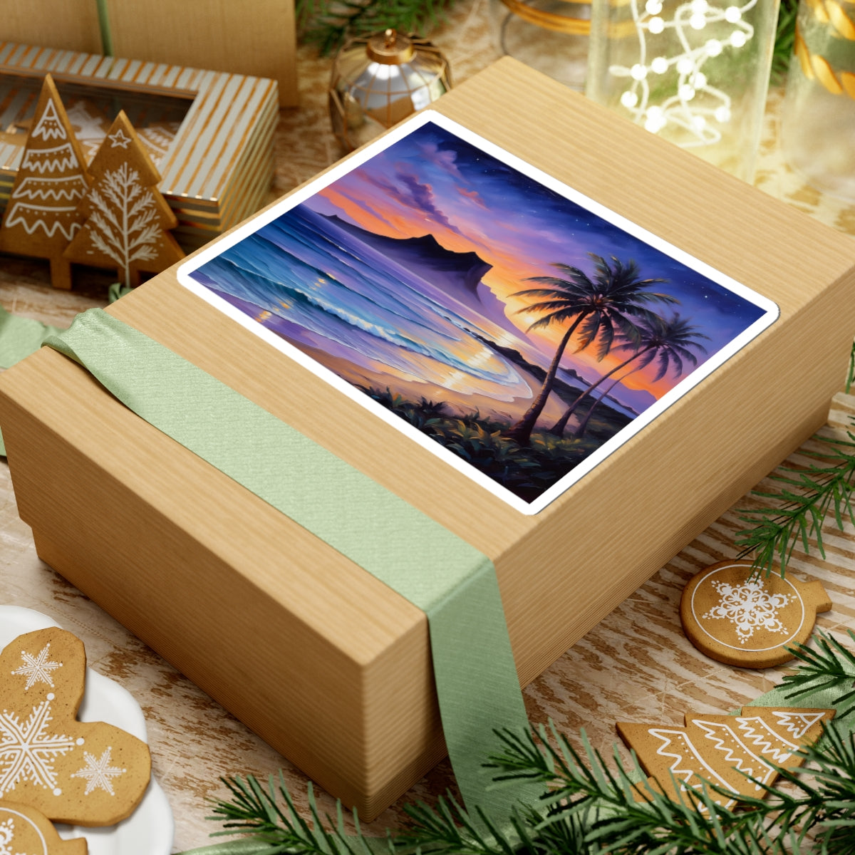 Tropical Sunset Sticker — Palm Beach Ocean Wave Kiss-Cut Decal
