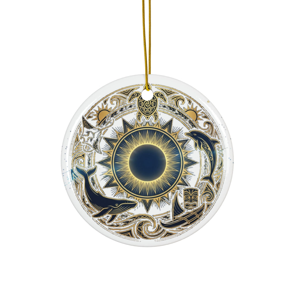 Nautical Mandala Ceramic Ornament — Double-Sided Dolphin & Sun Design