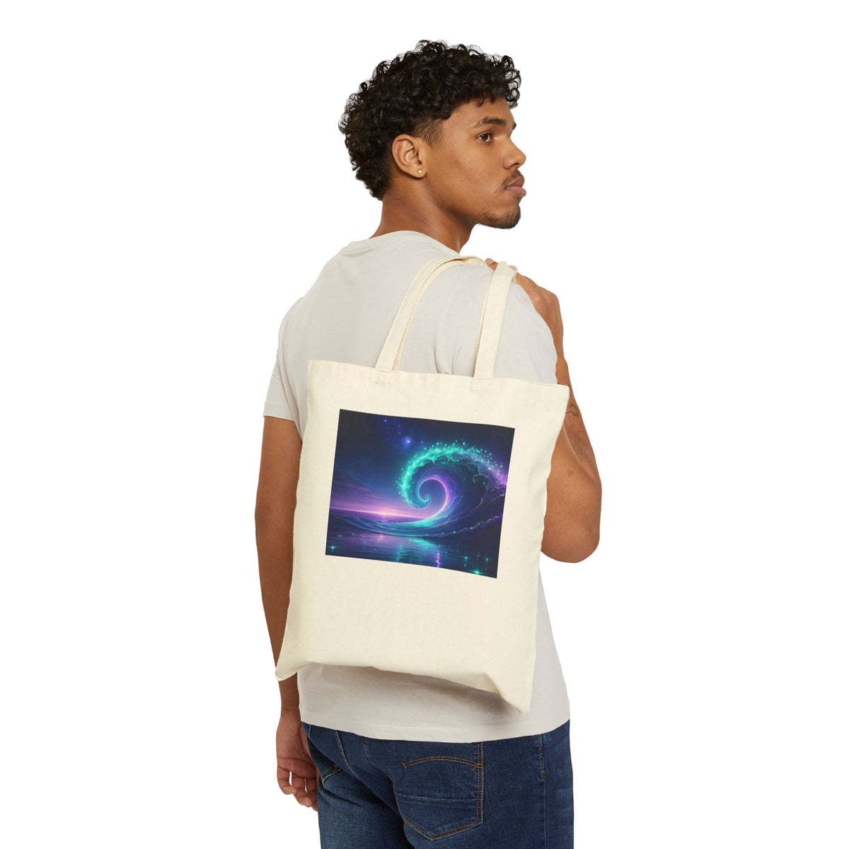 Cosmic Spiral Canvas Tote Bag — Neon Galaxy Swirl Eco Shopper