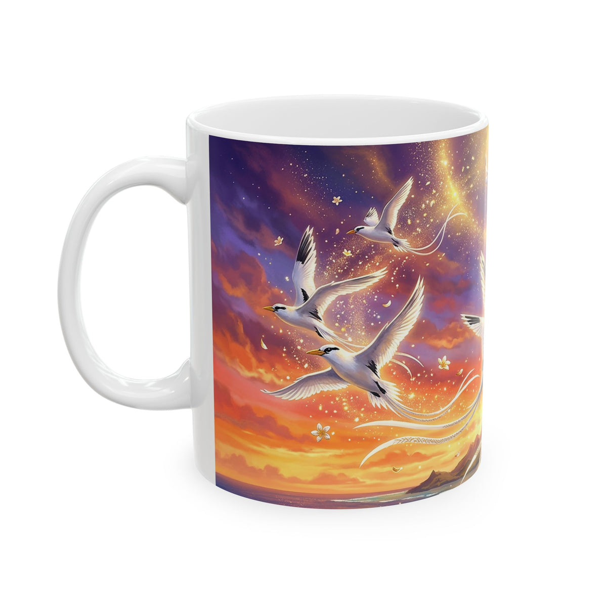 Seagull Sunset Ceramic Mug — Whimsical Ocean Sunset Art (11oz, 15oz)