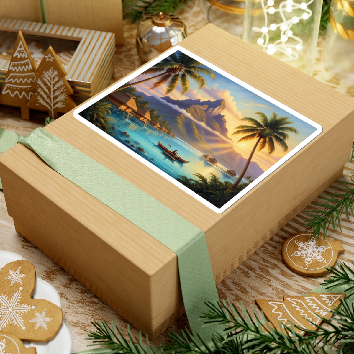 Tropical Island Sunset Sticker — Vintage Polynesian Beach Scene Kiss-Cut Sticker