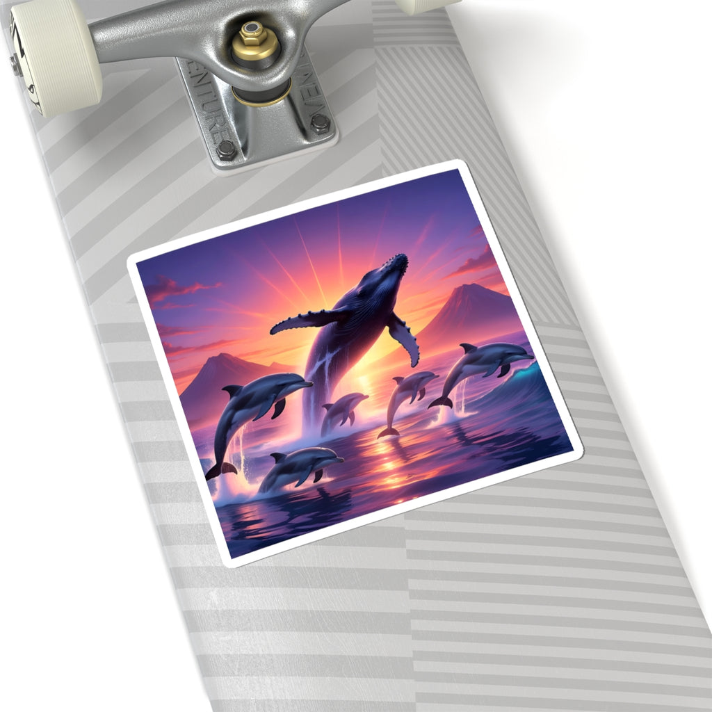 Whale & Dolphin Sunset Sticker — Ocean Sunrise Kiss-Cut Decal for Laptops & Water Bottles