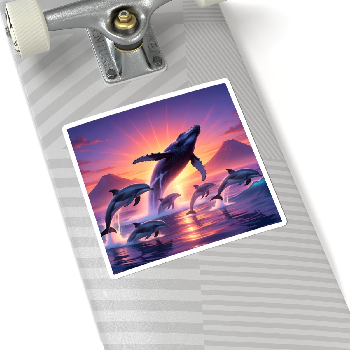 Whale & Dolphin Sunset Sticker — Ocean Sunrise Kiss-Cut Decal for Laptops & Water Bottles