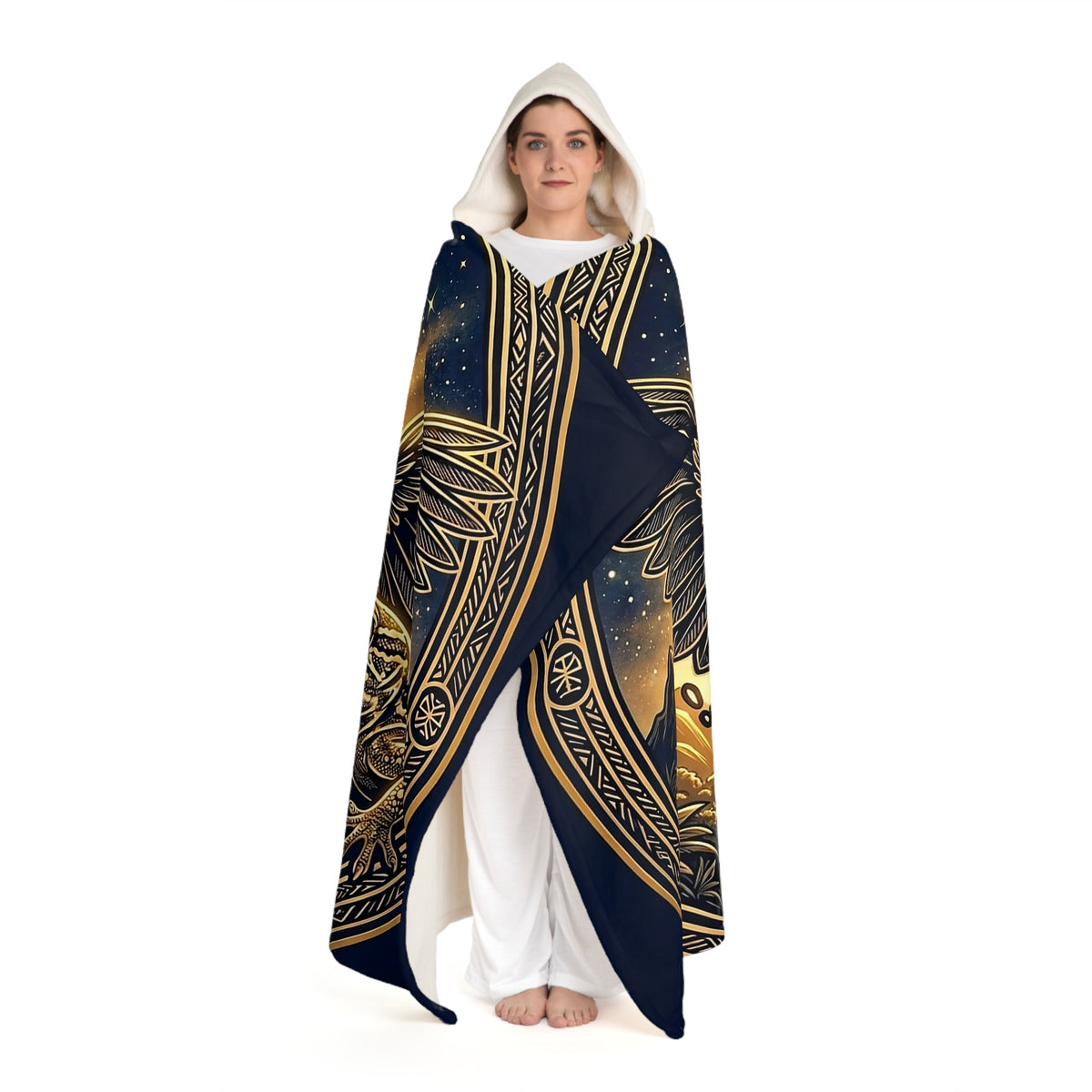 Hooded Sherpa Blanket — Mystic Gold Night Design