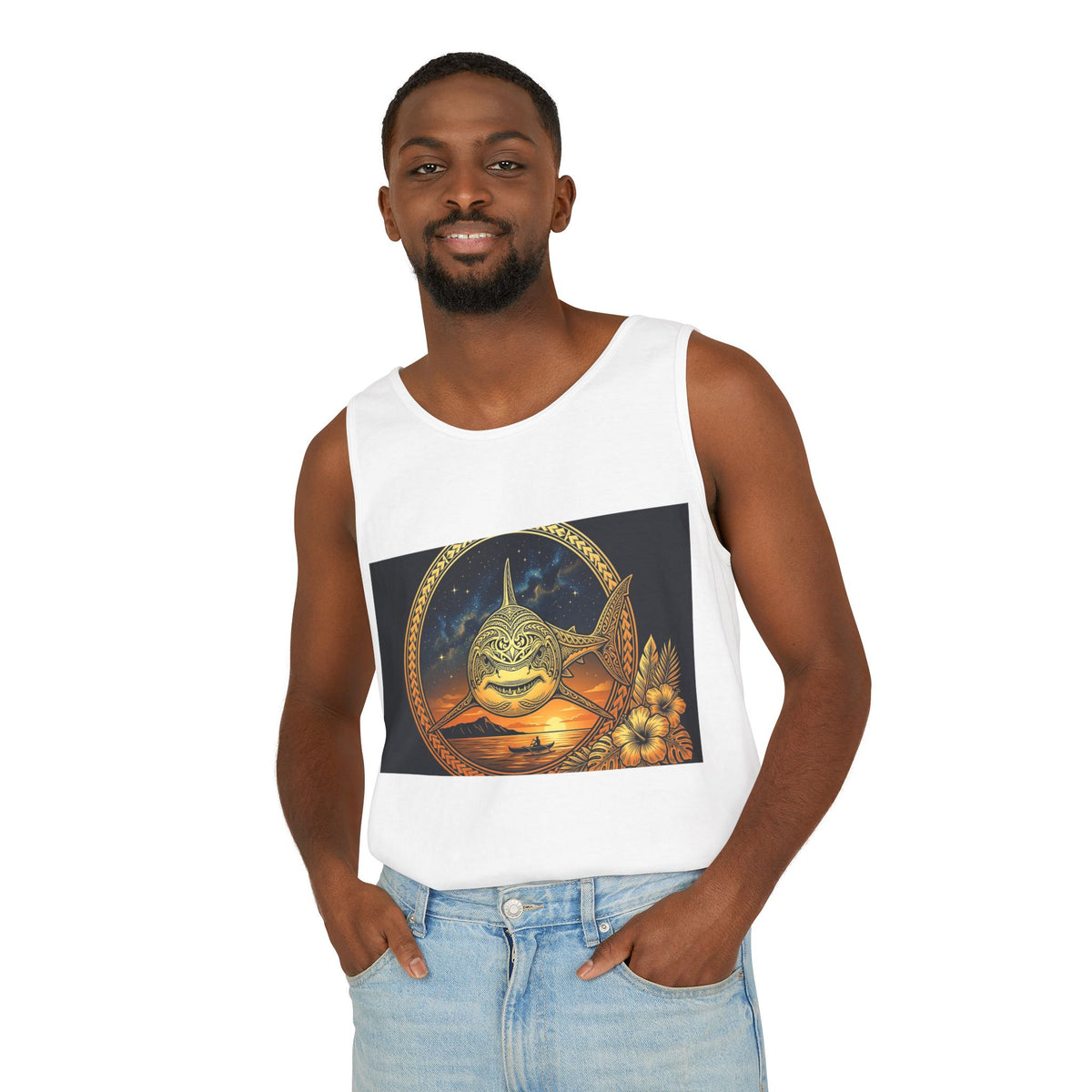 Shark Sunset Tank Top — Vintage Nautical Beach Vibe