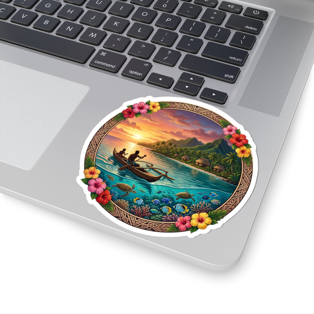 Tropical Sunset Sticker — Island Canoe Scene Kiss-Cut Sticker
