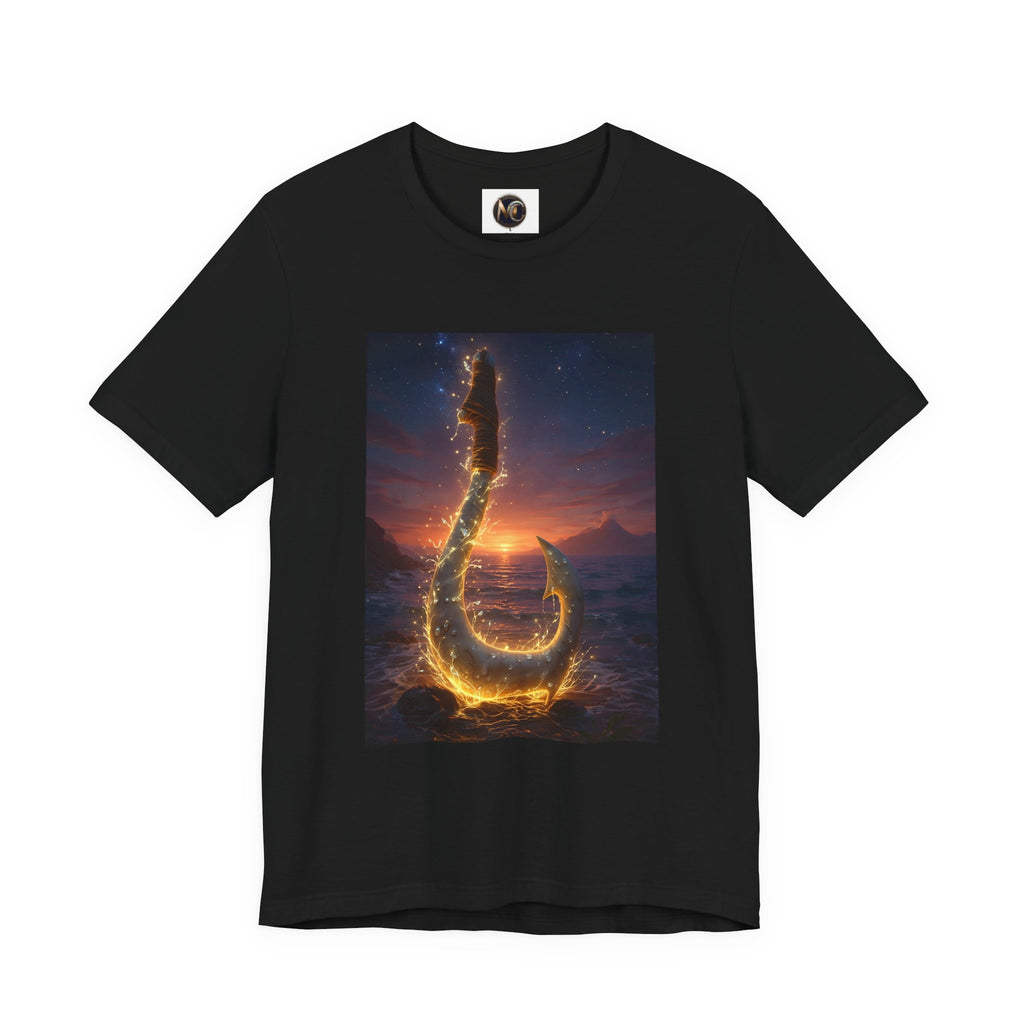 Fiery Hook Graphic Tee — Flaming Fishing Hook Sunset T-Shirt