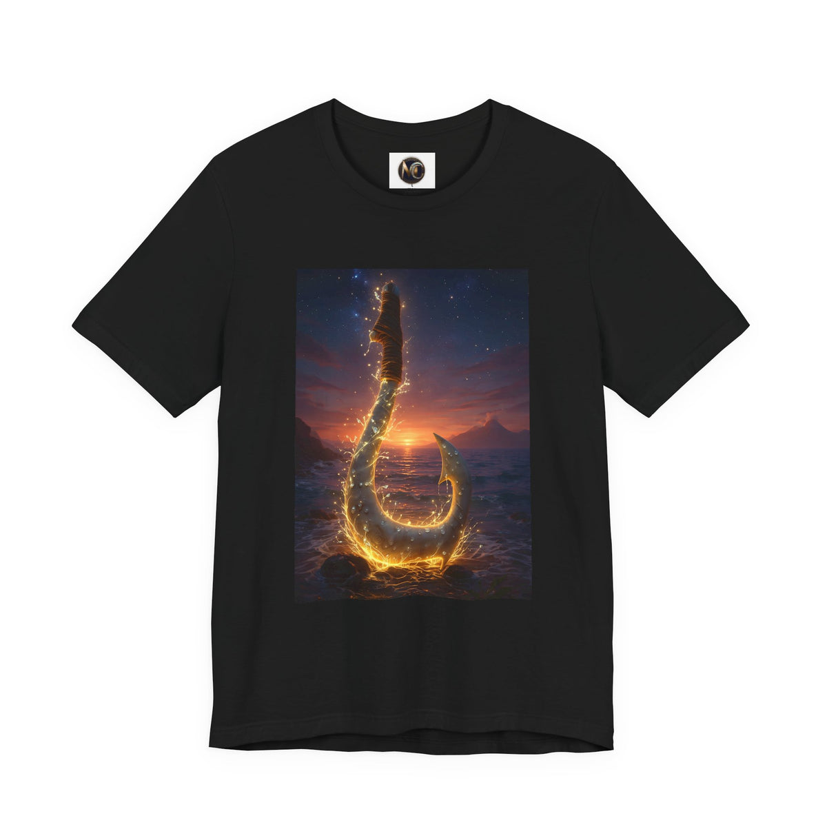 Fiery Hook Graphic Tee — Flaming Fishing Hook Sunset T-Shirt