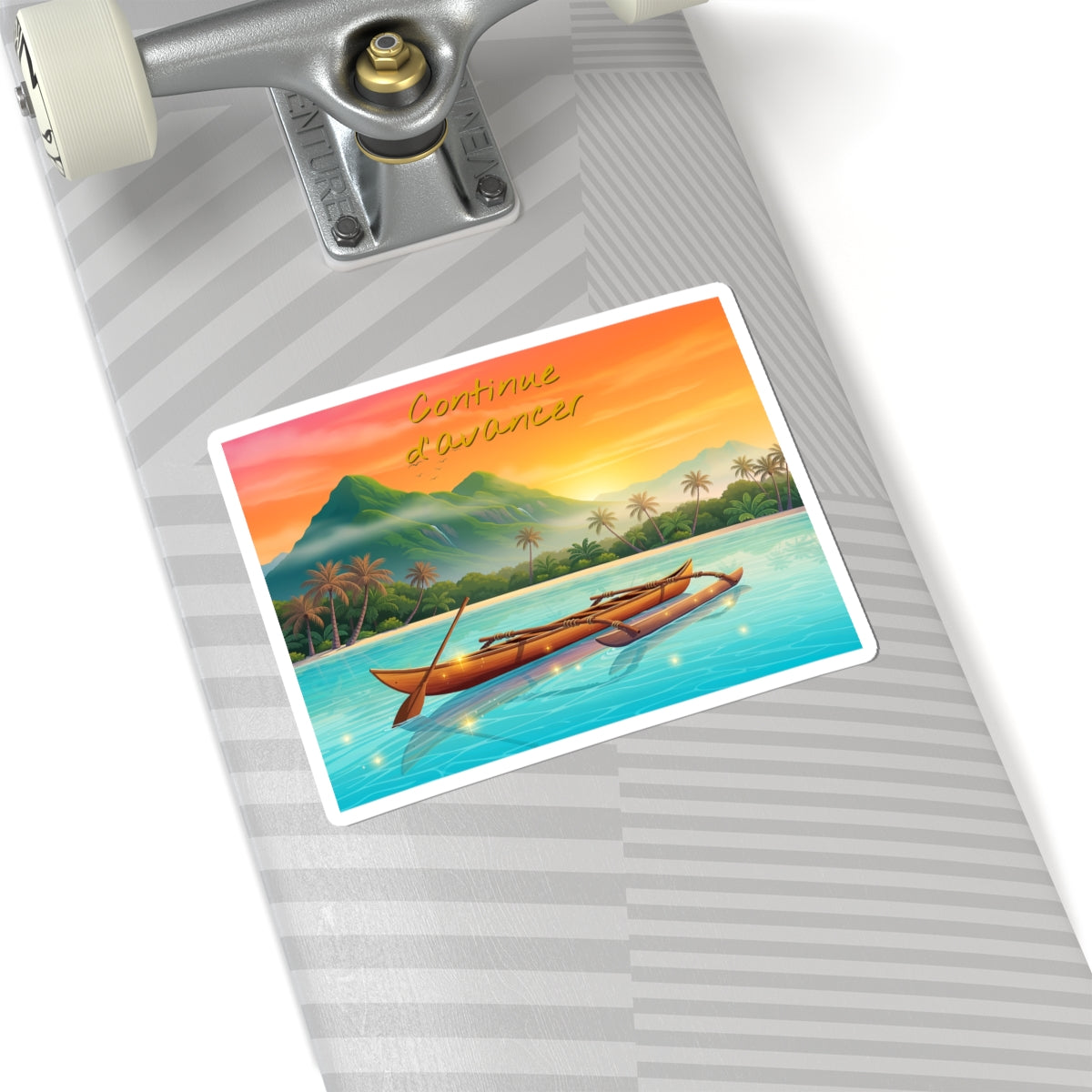 Tropical Canoe Sticker — "Continue d'avancer" Sunset Vinyl Decal