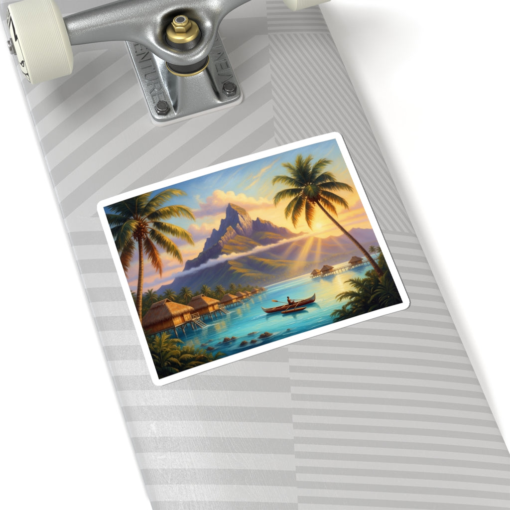 Tropical Island Sunset Sticker — Vintage Polynesian Beach Scene Kiss-Cut Sticker