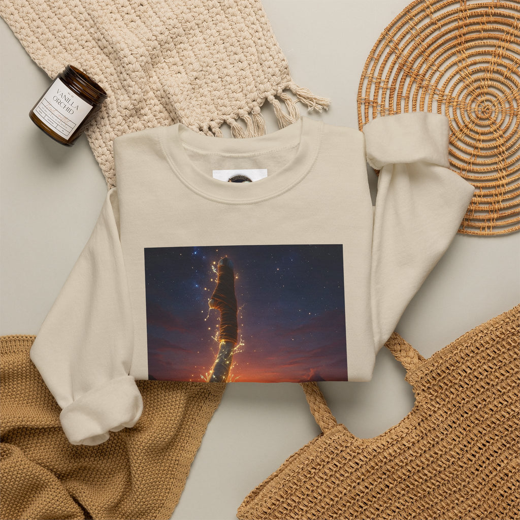 Crewneck Sweatshirt — Fiery Hook Graphic Crewneck (Stormy Sunset, Flaming Fish Hook)