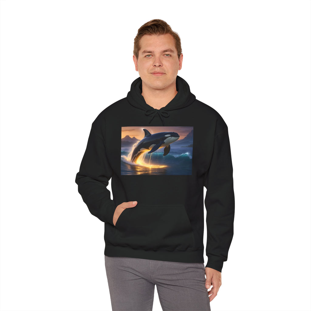 Orca Sunset Hoodie — Majestic Whale Jump Graphic Sweatshirt