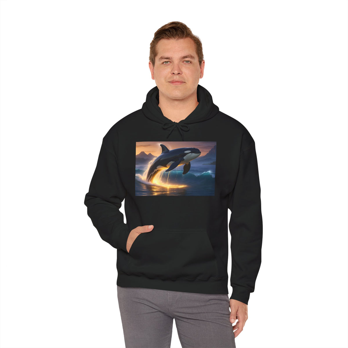 Orca Sunset Hoodie — Majestic Whale Jump Graphic Sweatshirt