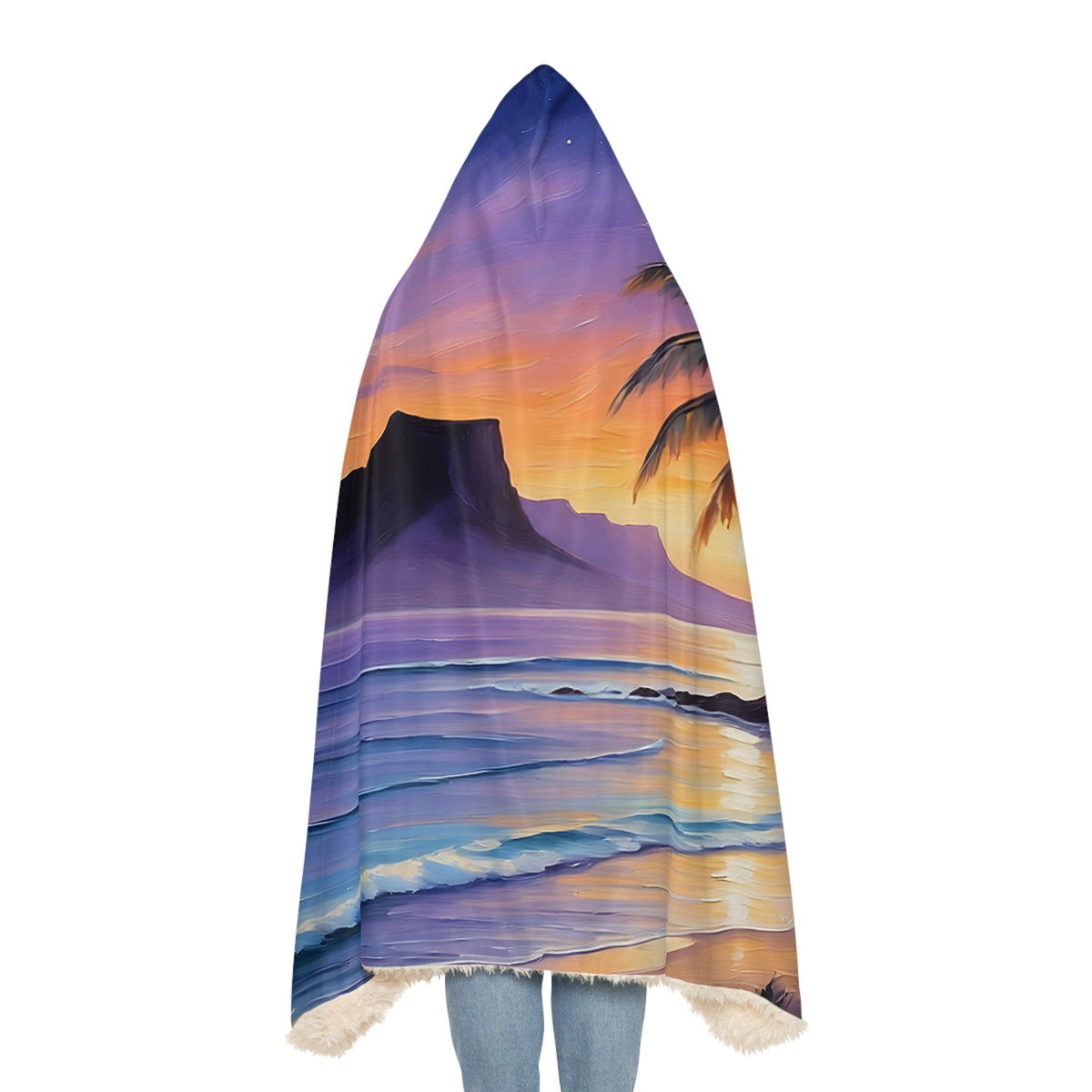 Tropical Sunset Snuggle Blanket – Hooded Beach Throw with Palm Trees