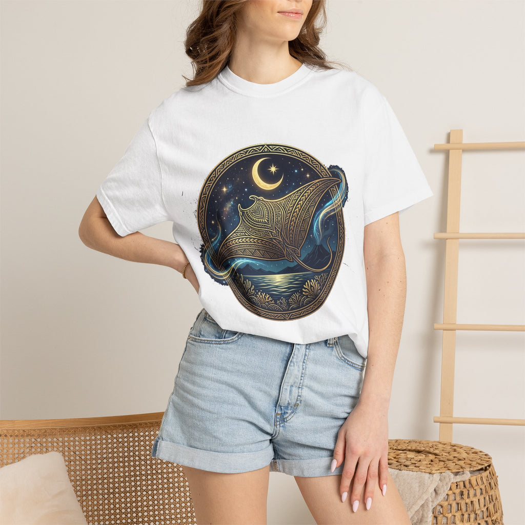 Manta Ray Nightscape T-Shirt | Crescent Moon Ocean Illustration