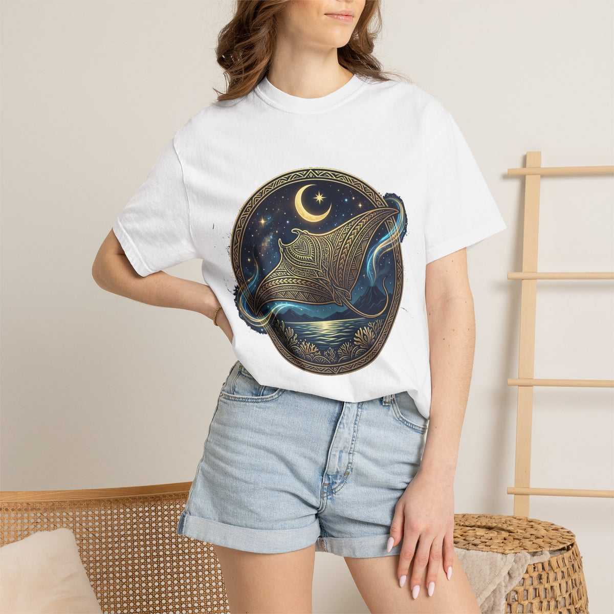 Manta Ray Nightscape T-Shirt | Crescent Moon Ocean Illustration
