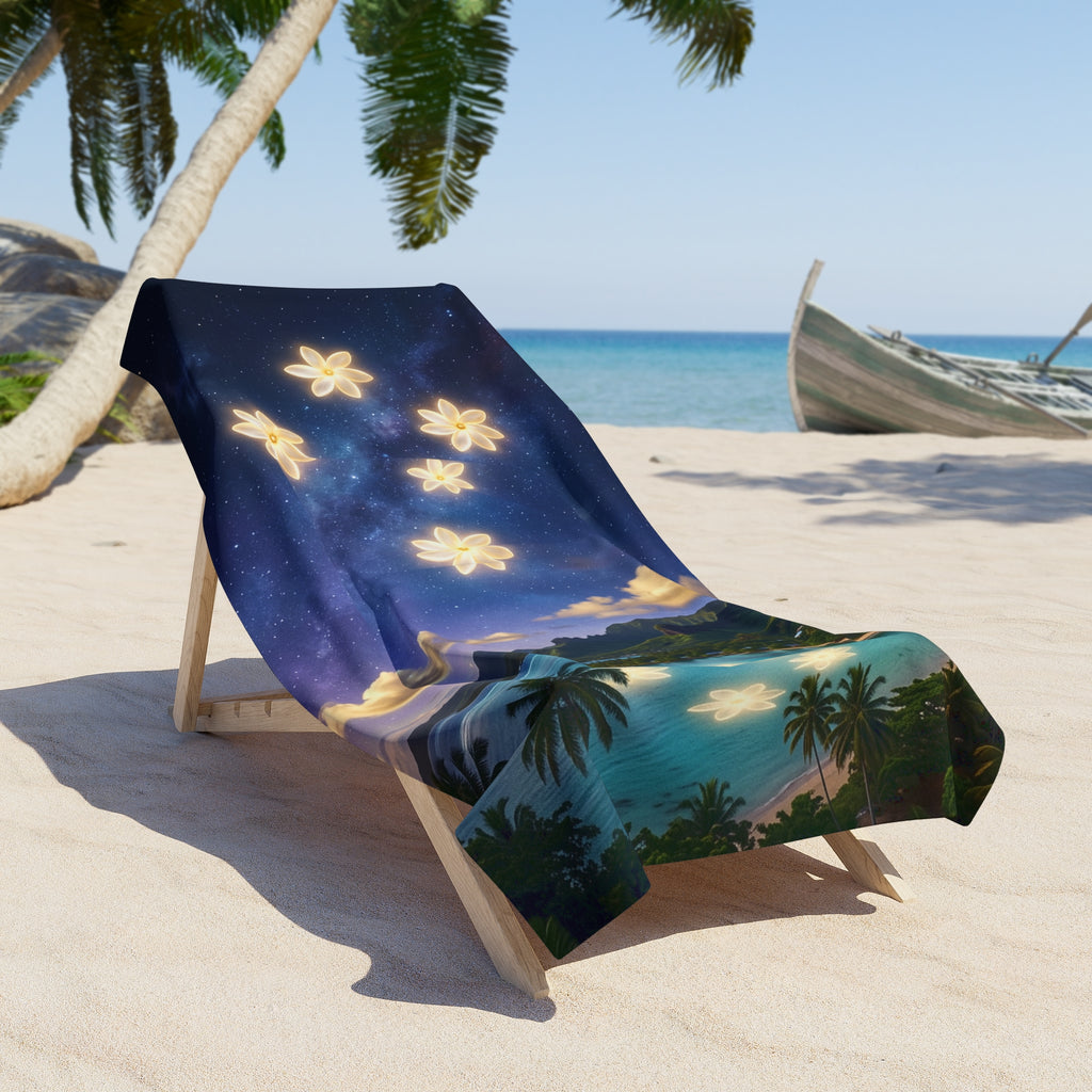 Tropical Night Sky Beach Towel — Plumeria Stars Over Lagoon