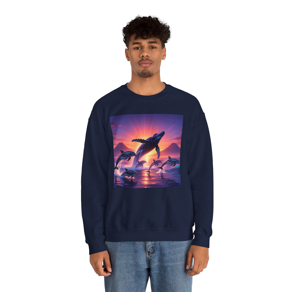 Whale Sunset Crewneck Sweatshirt — Ocean Dolphin Jump Graphic