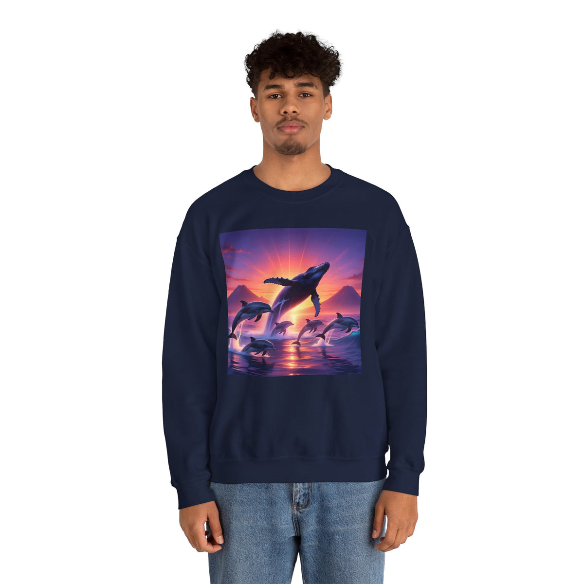 Whale Sunset Crewneck Sweatshirt — Ocean Dolphin Jump Graphic