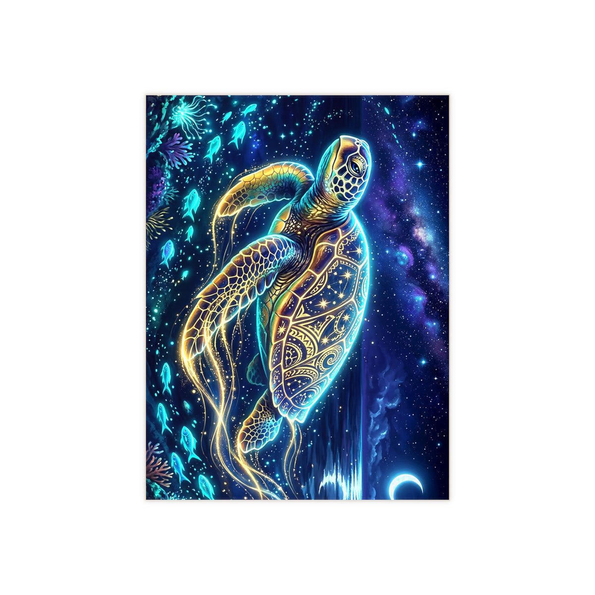 Sea Turtle Ceramic Photo Tile — Glowing Night Ocean Wall Art