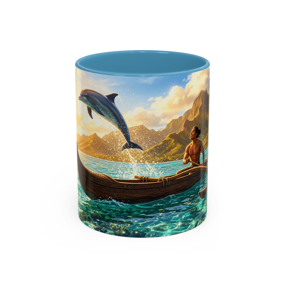 Taza de café Canua Tropical — Taza escénica con delfines y amanecer en el océano (11/15oz)