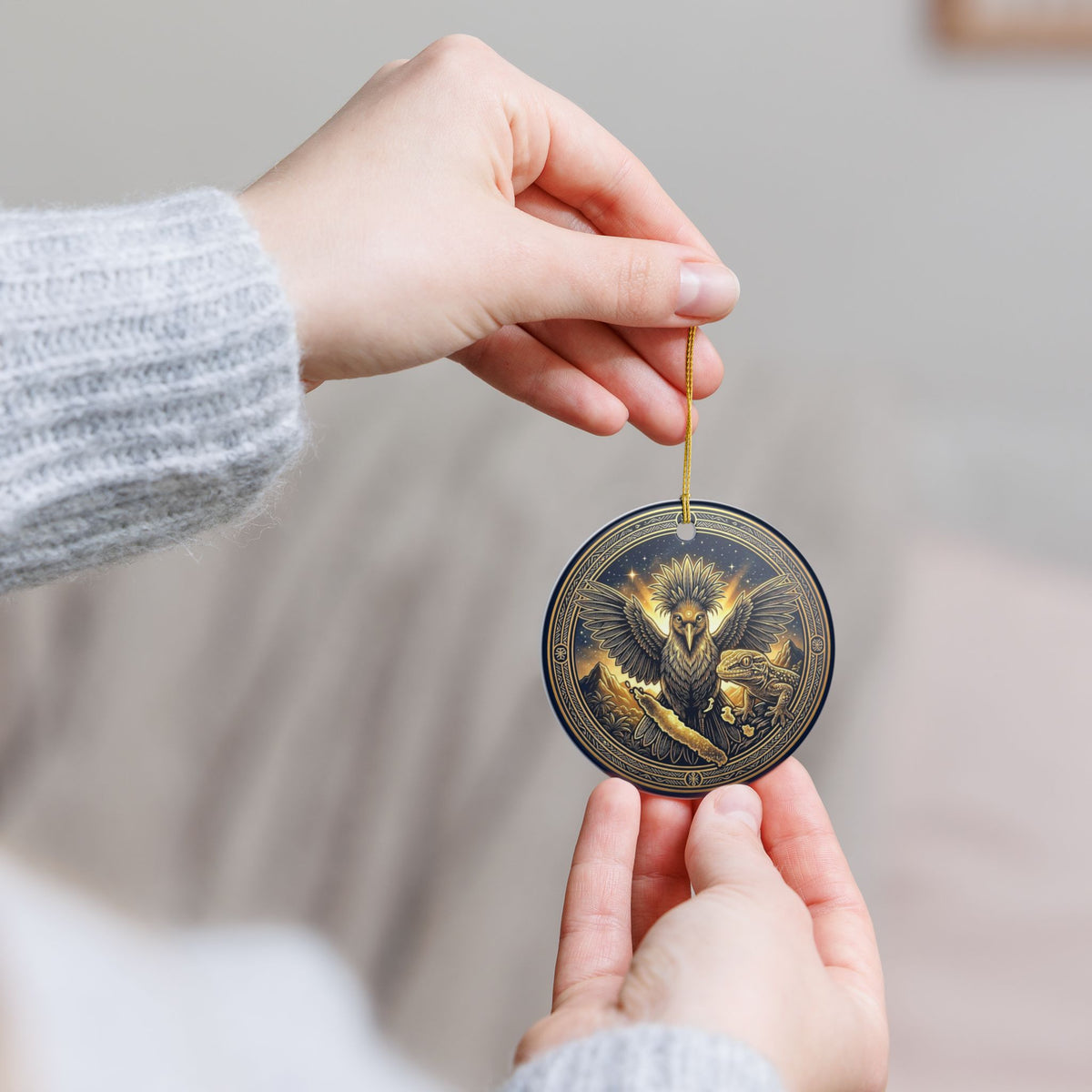 Ceramic Ornament — Mystic Raven & Lizard Medallion Holiday Decoration