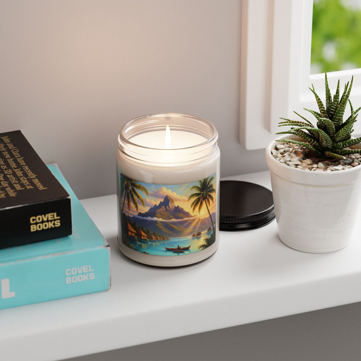 Tropical Island Soy Candle — 9oz Scented Candle with Sunset Beach Artwork