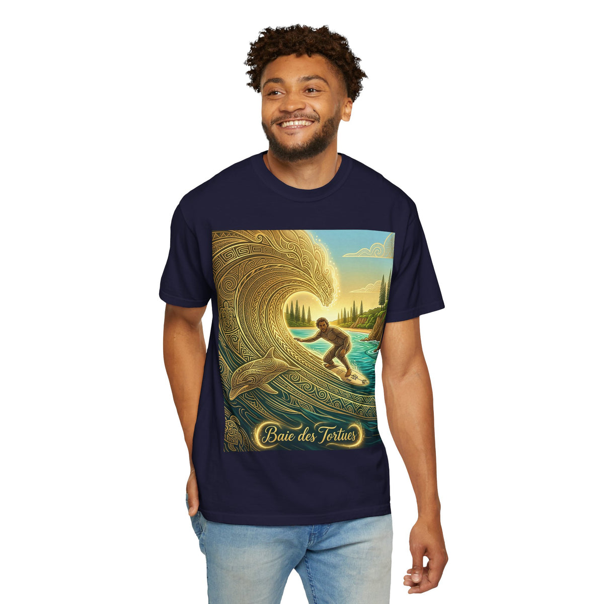Surfer and Dolphin Wave T-Shirt | Vintage Coastal Surf Art