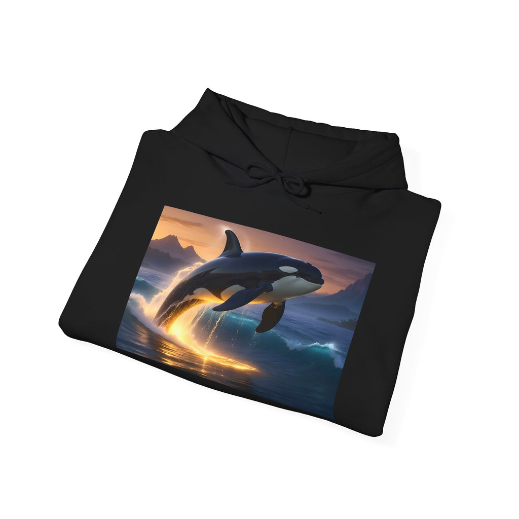 Orca Sunset Hoodie — Majestic Whale Jump Graphic Sweatshirt