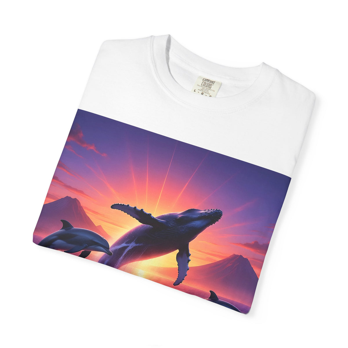 Sunset Whale & Dolphins T-Shirt — Vintage Ocean Sunset Graphic Tee