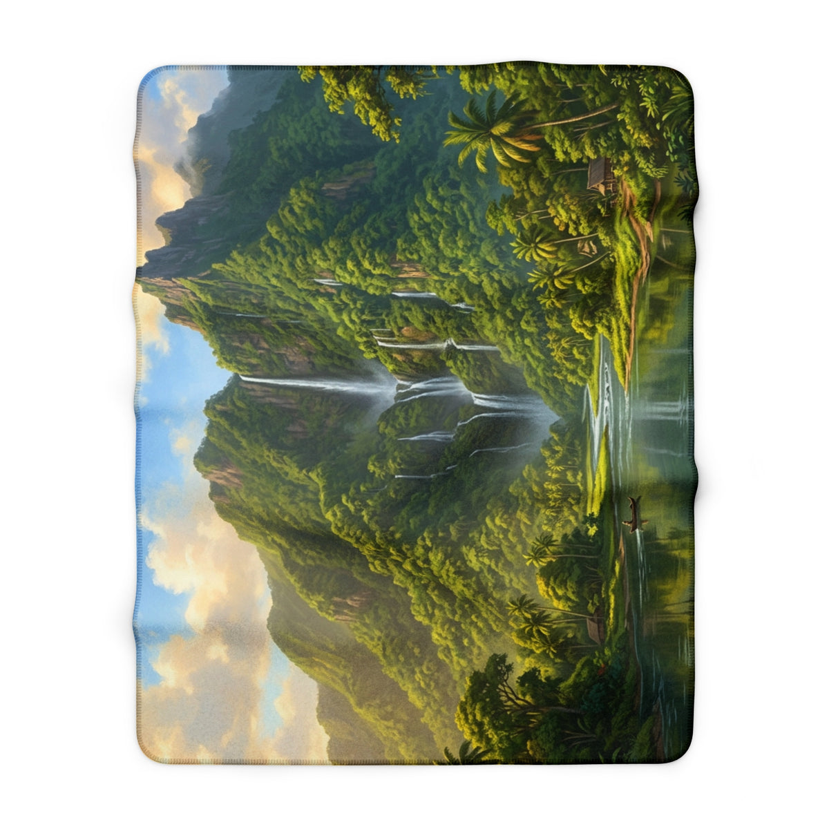 Scenic Waterfall Sherpa Blanket — Plush Fleece Mountain Landscape Throw