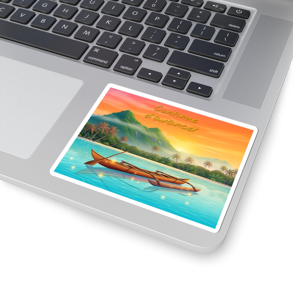 Tropical Canoe Sticker — "Continue d'avancer" Sunset Vinyl Decal