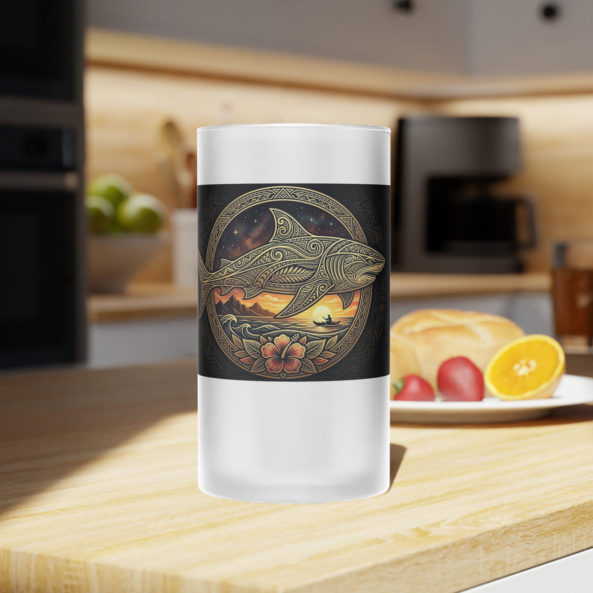 Frosted Glass Beer Mug — Nautical Celtic Whale Sunrise Design