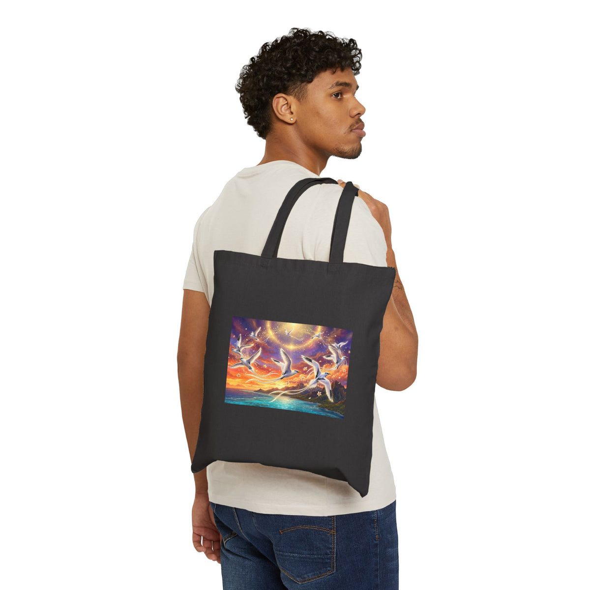 Canvas Tote Bag — Sunset Dolphins Art Print Eco Shopper