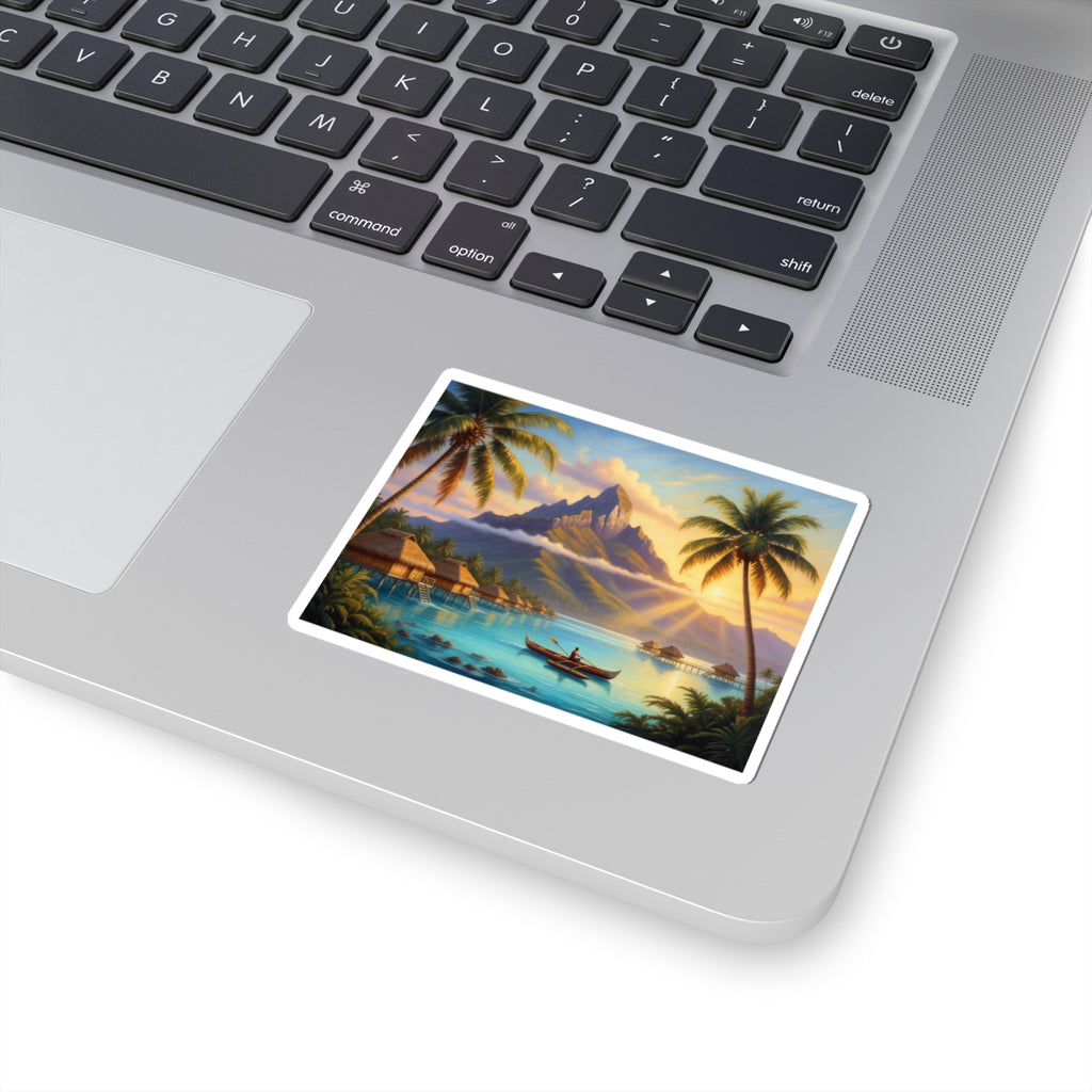 Tropical Island Sunset Sticker — Vintage Polynesian Beach Scene Kiss-Cut Sticker
