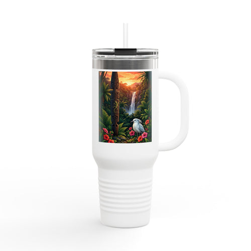 40oz Insulated Travel Mug – Tropical Waterfall & Toucan Scenic Design