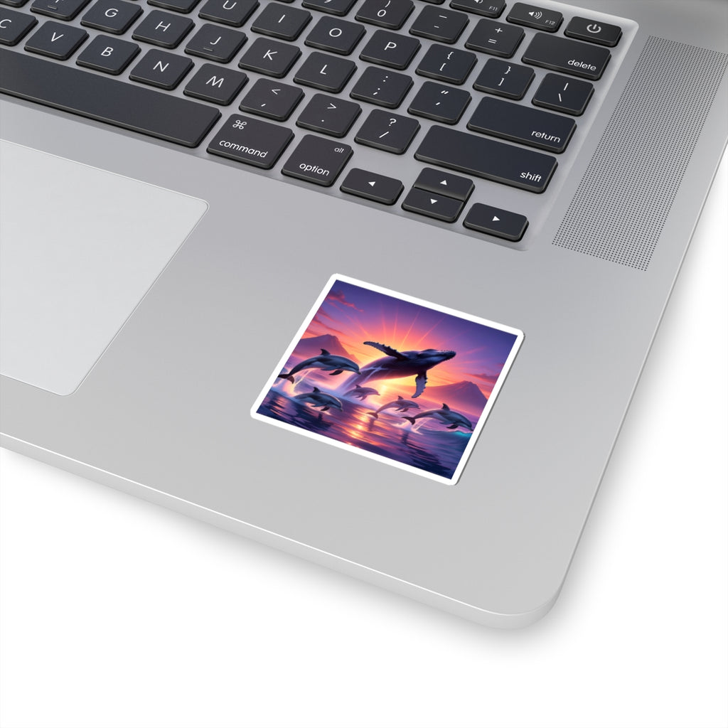 Whale & Dolphin Sunset Sticker — Ocean Sunrise Kiss-Cut Decal for Laptops & Water Bottles