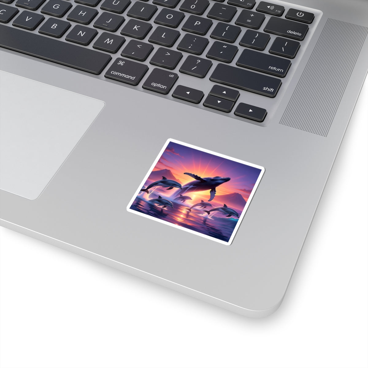 Whale & Dolphin Sunset Sticker — Ocean Sunrise Kiss-Cut Decal for Laptops & Water Bottles