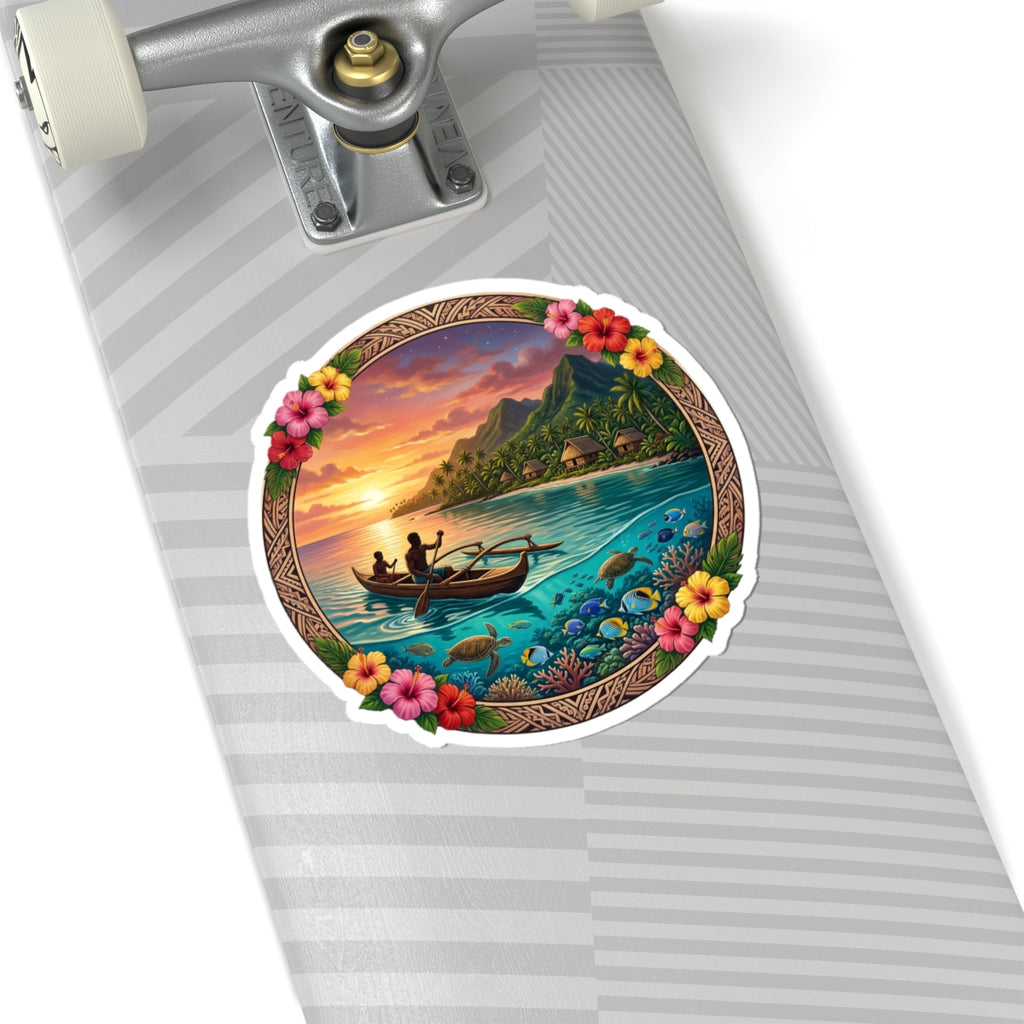 Tropical Sunset Sticker — Island Canoe Scene Kiss-Cut Sticker