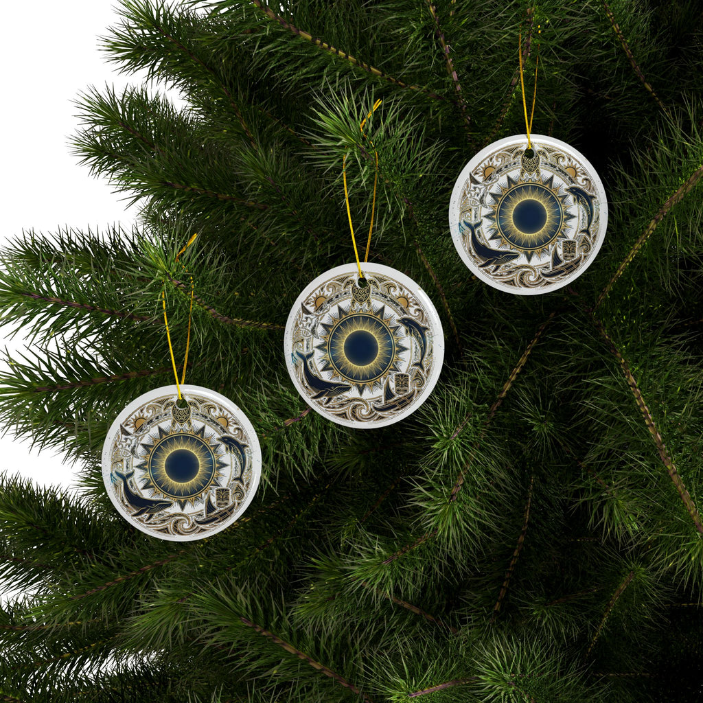Nautical Mandala Ceramic Ornament — Double-Sided Dolphin & Sun Design