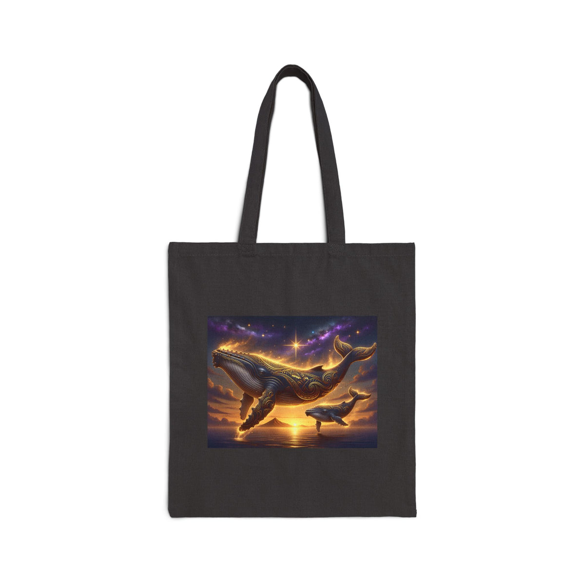 Whale Sunset Canvas Tote Bag — Ocean Dolphin Art Grocery Beach Tote