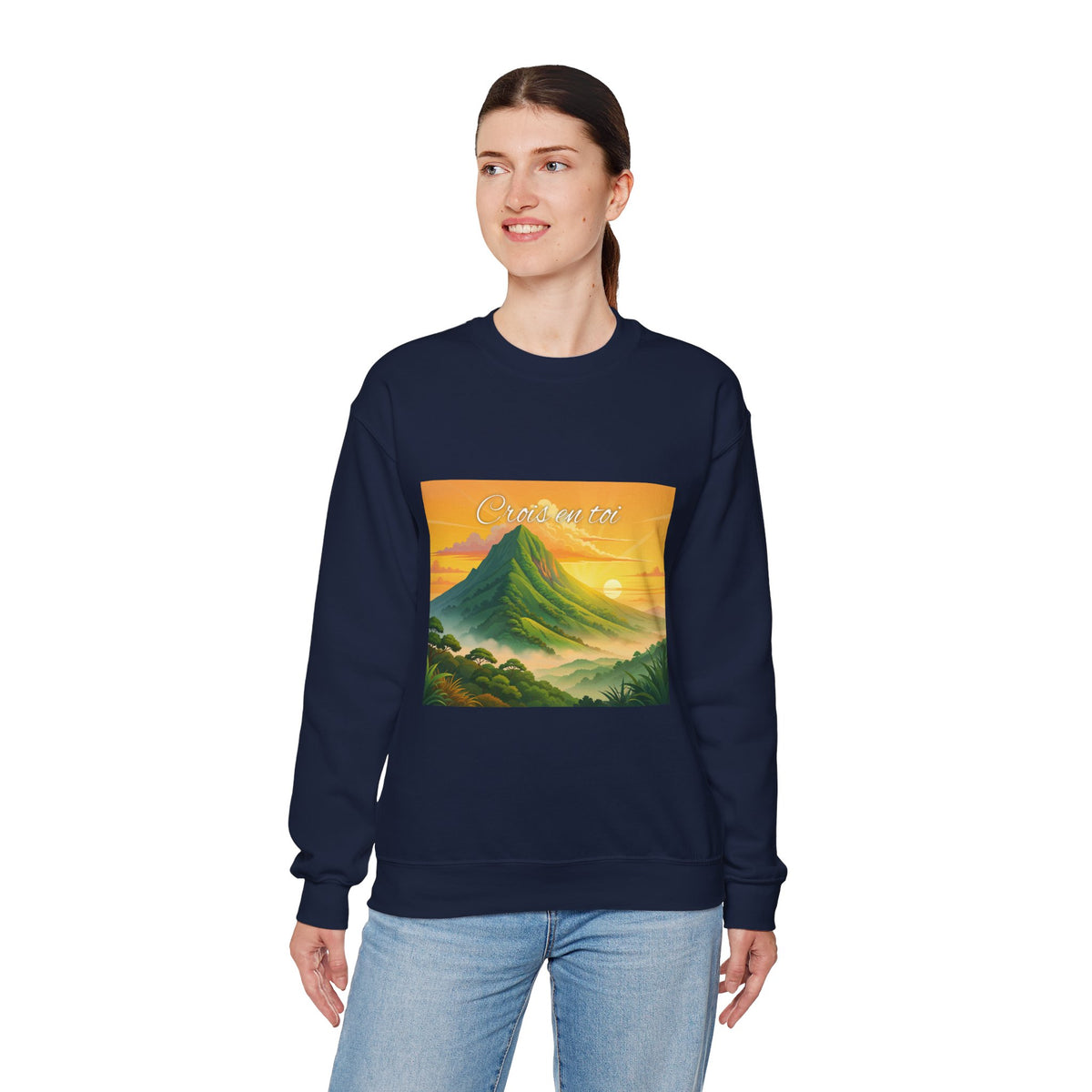 Crewneck Sweatshirt — Tropical Sunrise Volcano Graphic 'Curaçao'