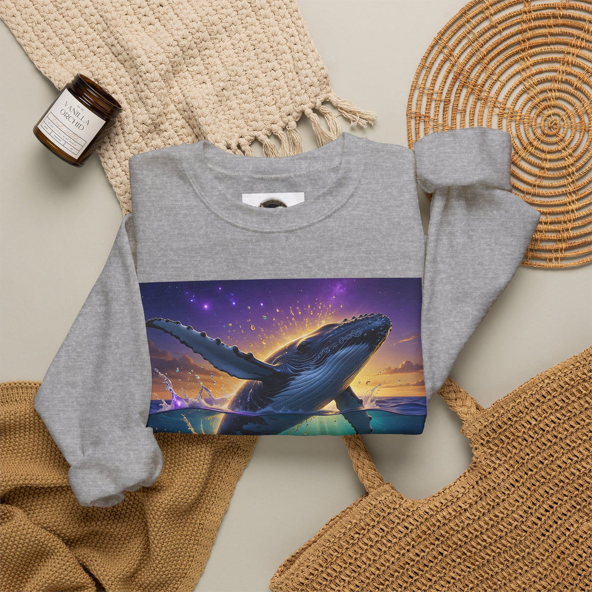 Whale Dreamscape Crewneck Sweatshirt — Cosmic Ocean Sunset Graphic