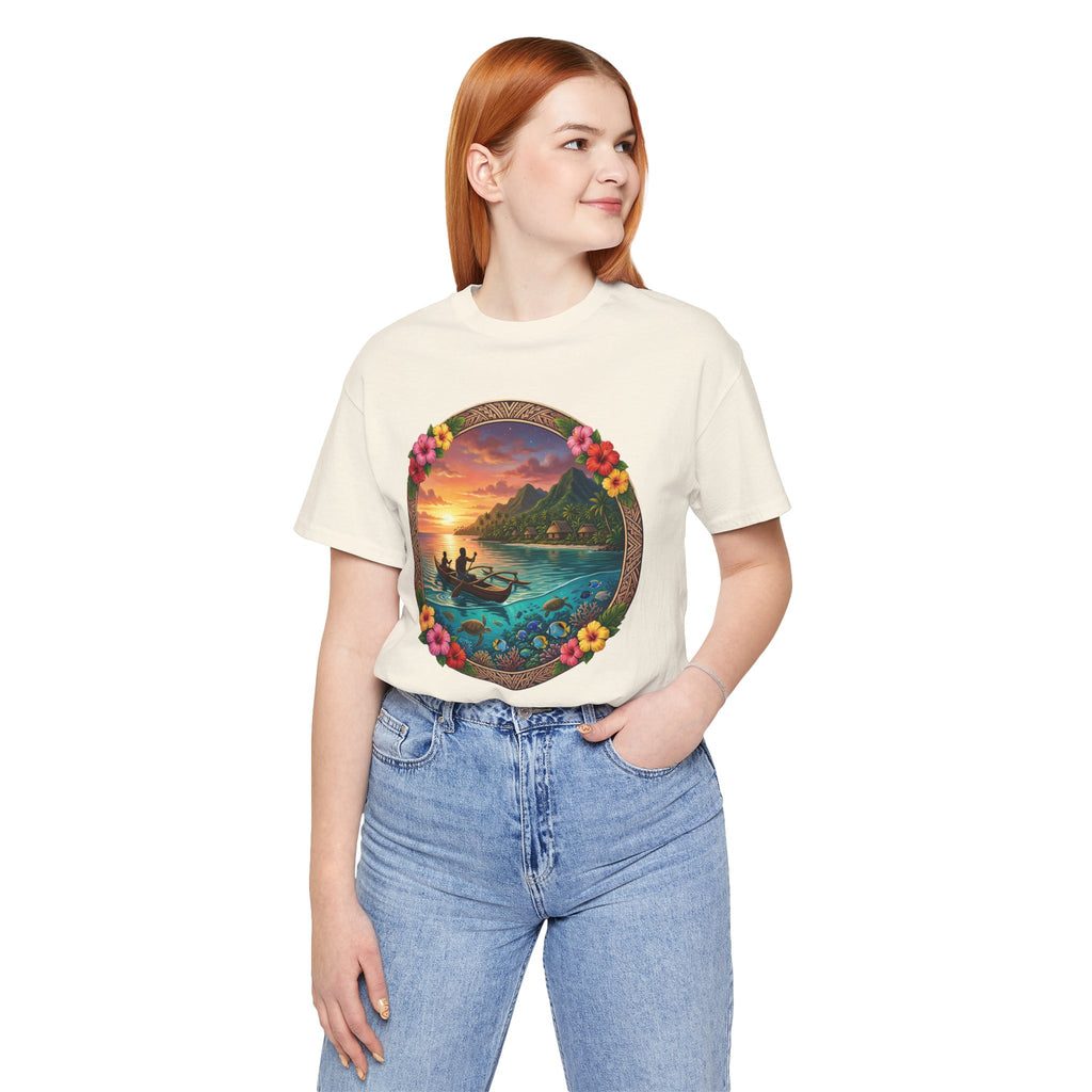Sunset Island Graphic Tee — Tropical Beach Circle Design