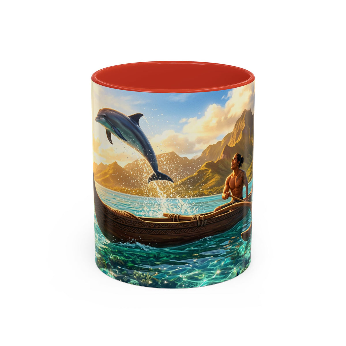 Taza de café Canua Tropical — Taza escénica con delfines y amanecer en el océano (11/15oz)