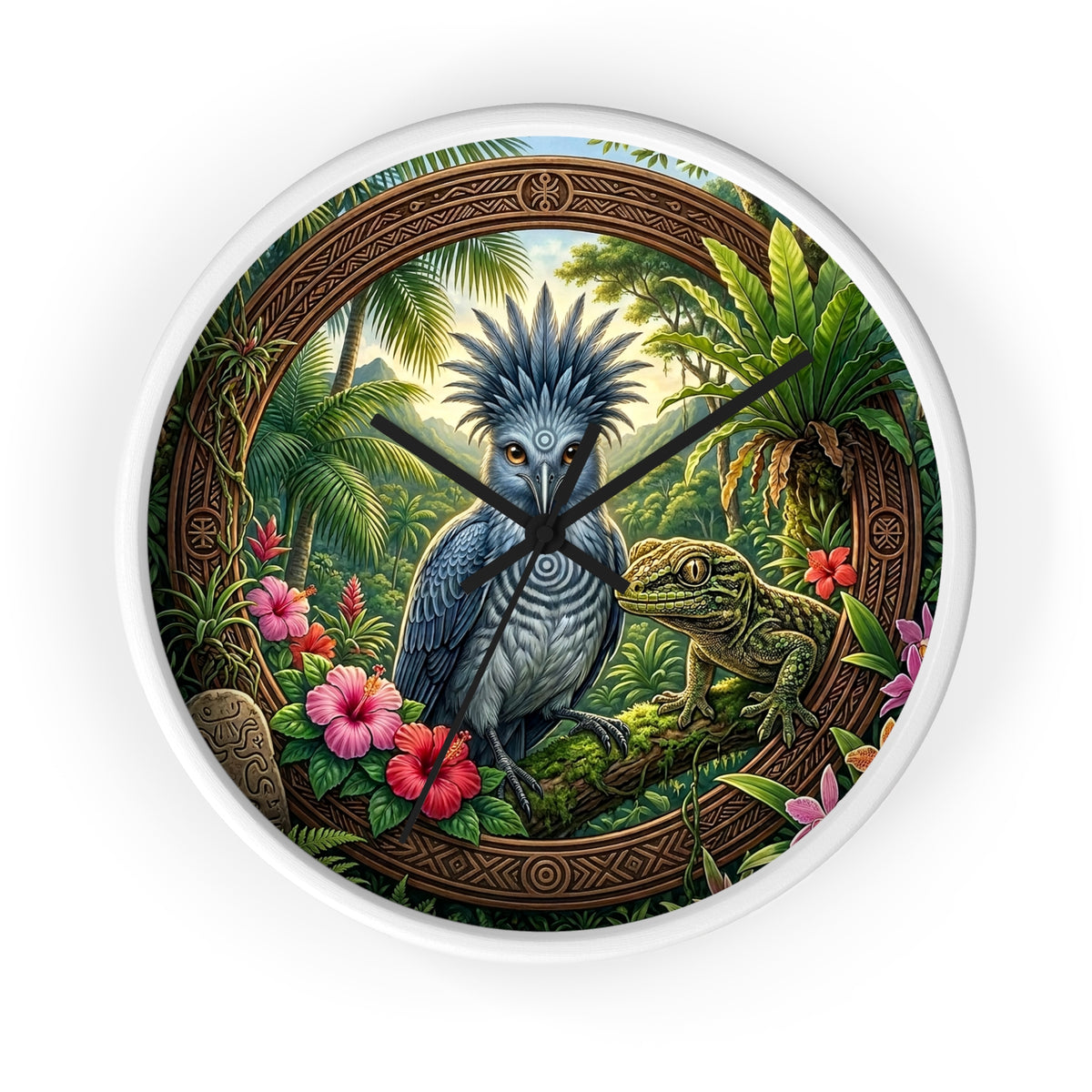 Tropical Bird Wall Clock — Blue Palm Cockatoo & Lizard Jungle Decor