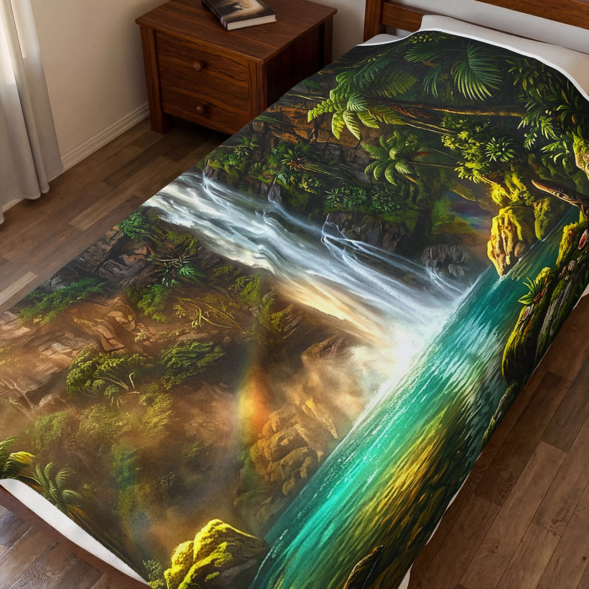 Waterfall Forest Velveteen Plush Blanket — Lush Tropical Landscape Throw