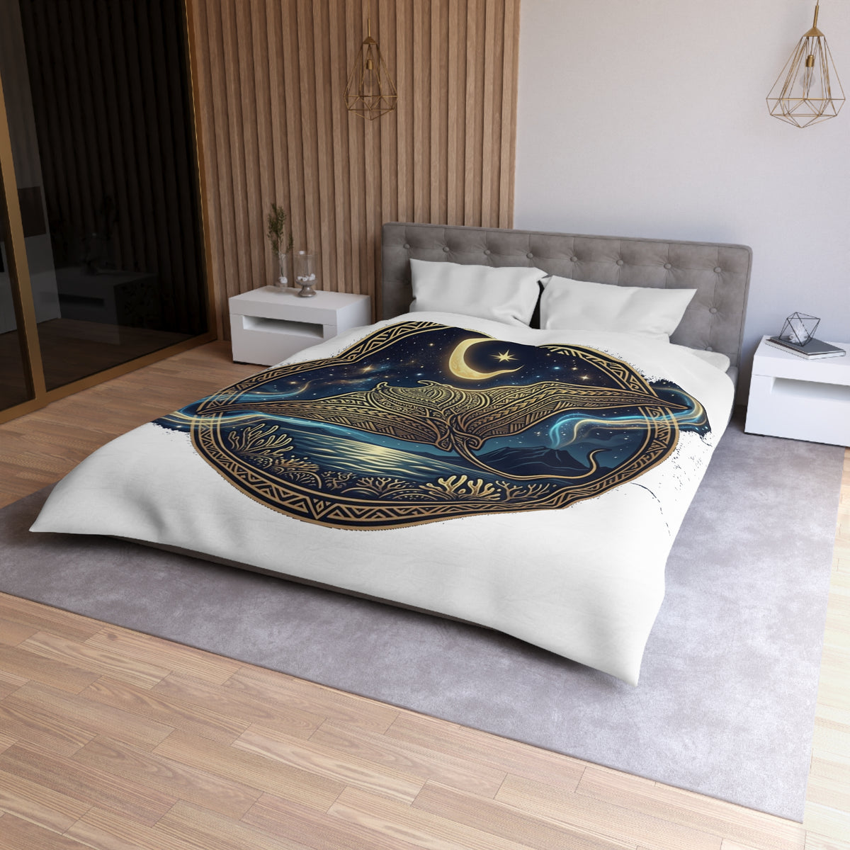 Celestial Manta Ray Duvet Cover — Nautical Moonlight Ocean Bedding