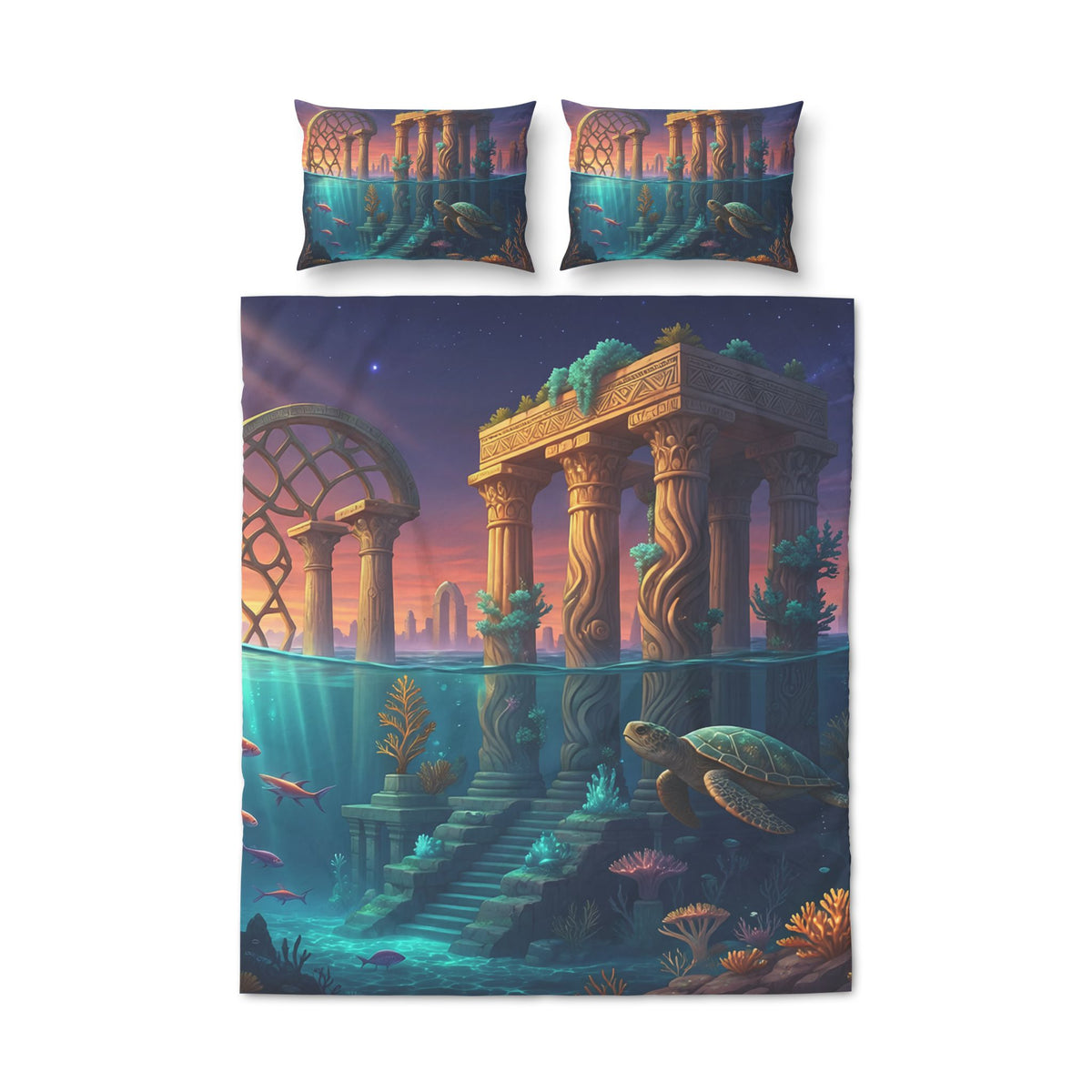 Underwater Ruins Quilt Cover Set — Sea Turtle & Ocean Temple Bedding (3-Piece)